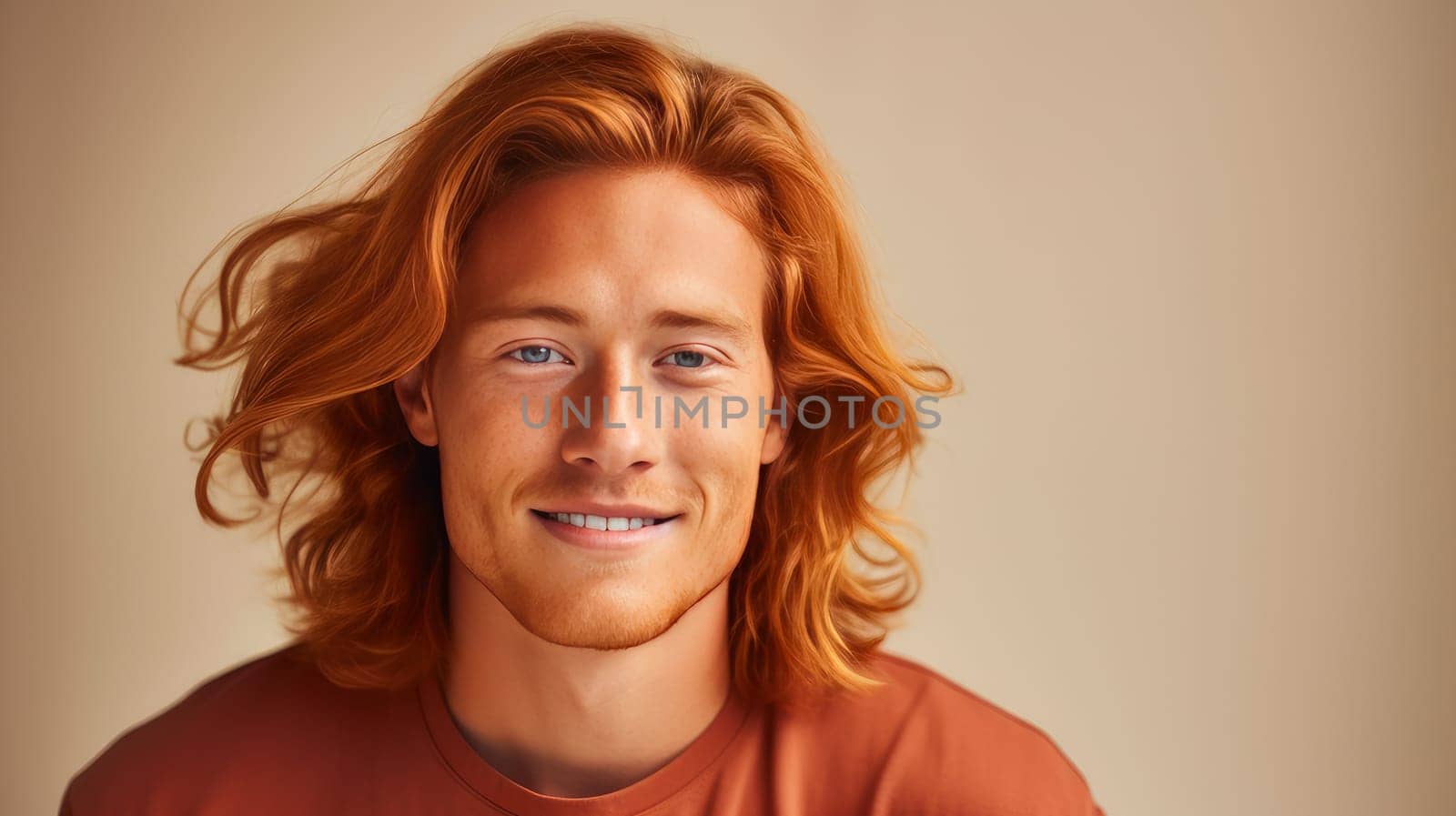 Handsome young male guy smile Asian with long red hair, on creamy beige background, banner, copy space, portrait. by Alla_Yurtayeva