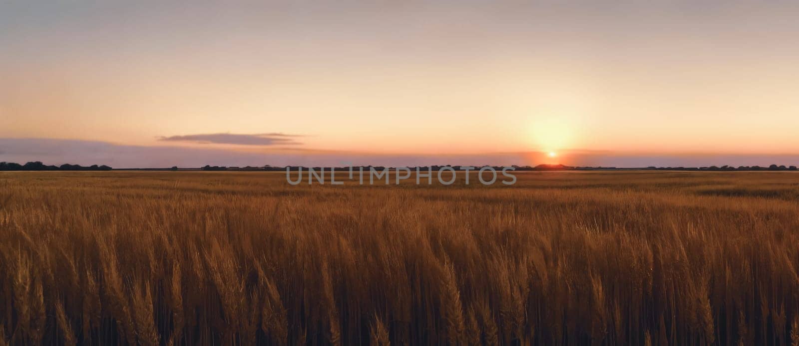 Tranquility of a vast wheat field at sunset, with the warm tones of the sky mirroring the golden hues of the ripe crops