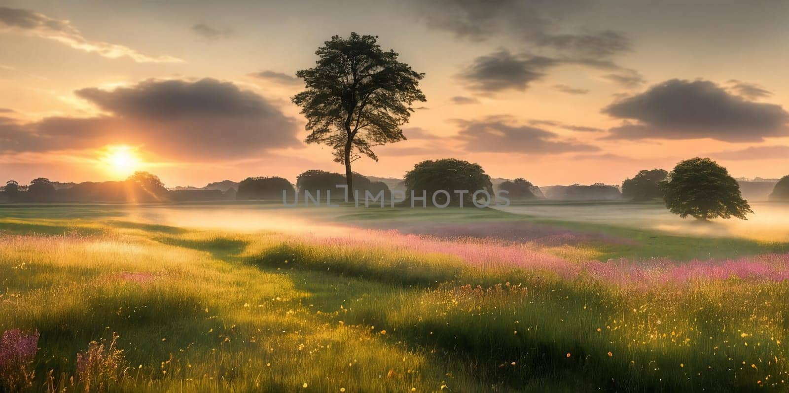 Peacefulness of a countryside meadow bathed in the soft light of dawn, with a gentle mist hovering over the grass adding a touch of mystique to the scene