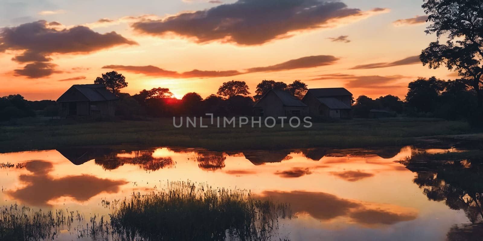 Wooden houses by a lowland river at sunset: Rustic charm tranquil waters reflect the golden sky. Nature's beauty at its finest. Generative AI.