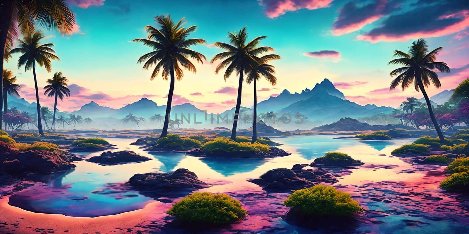 Sunset paints the sky in hues of pink and blue over a tranquil sea, palm trees lining the shore on Paradise fantasy planet.