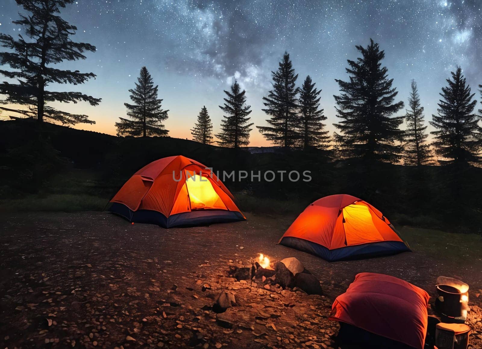 Campsite Coziness. Set up a cozy camping scene with a tent pitched under the starry night sky, illuminated by a warm campfire. Panorama