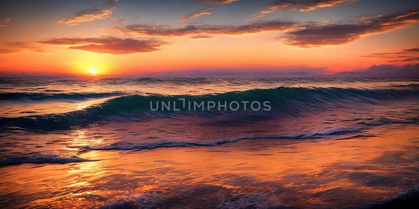 Sunset over the sea, waves on the foreground, panorama