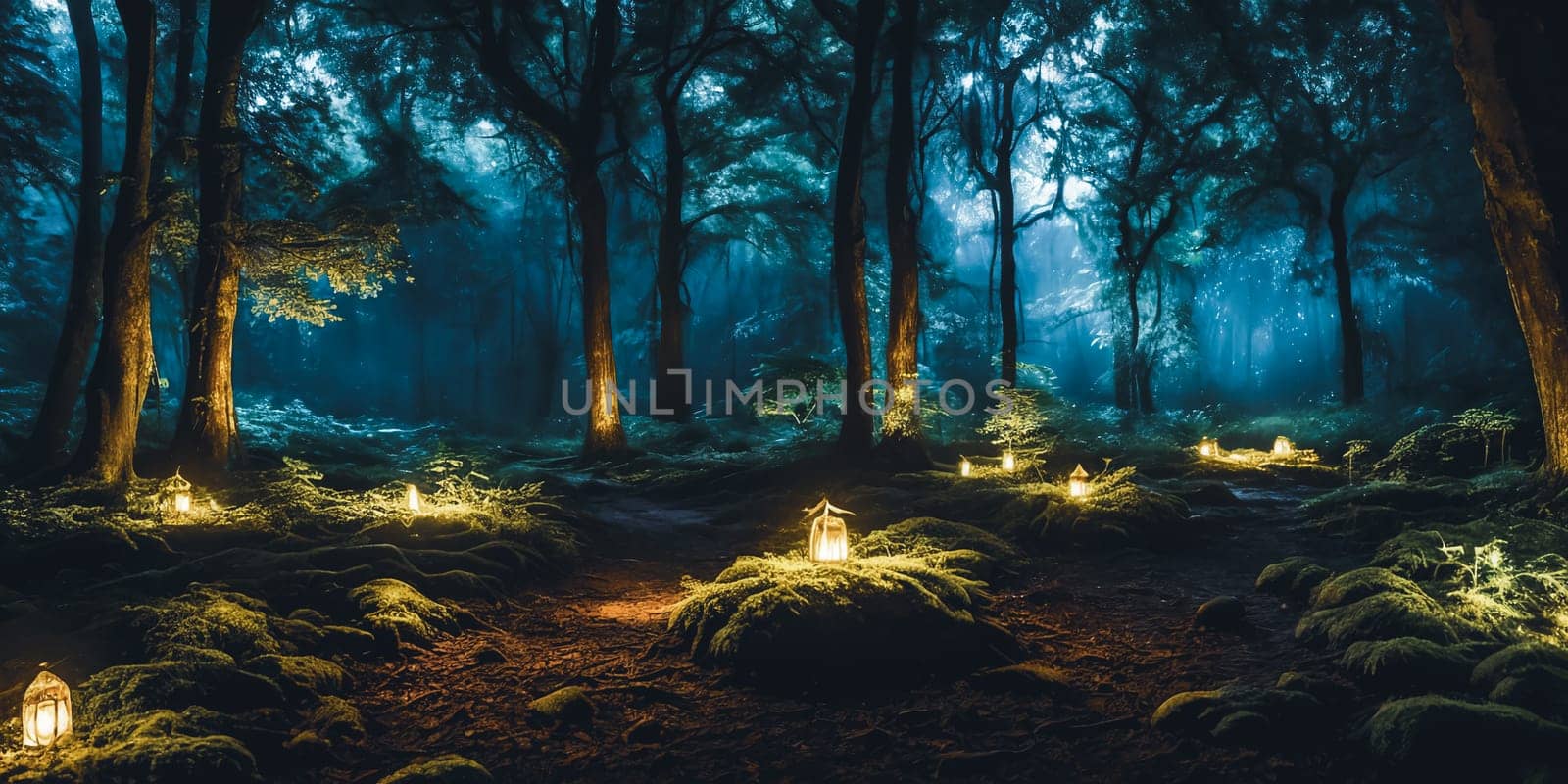 Moonlit Forest Glade. Amidst ancient trees, a moonbeam illuminates a hidden glade. Dew-kissed mushrooms glow softly, and fireflies dance in the night. Ethereal beauty of this mystical meeting place.