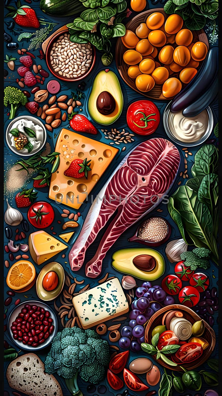Artistic illustration of various natural foods on the table by Nadtochiy