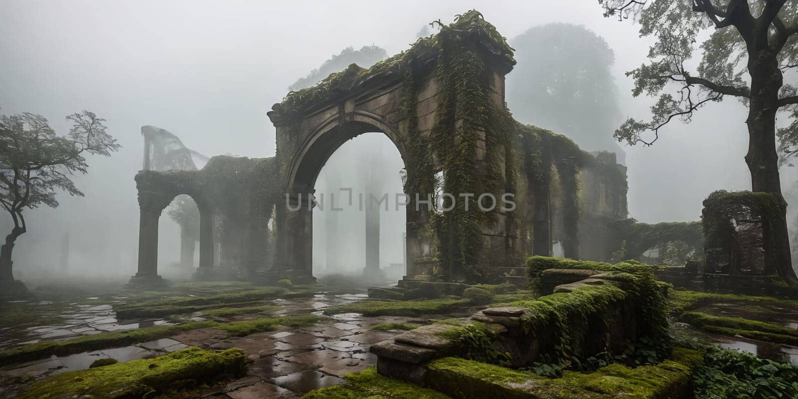 Mist-Clad Ruins. The remnants of an ancient castle, shrouded in mist. Ivy-clad walls crumble gracefully, and forgotten statues guard the entrance.