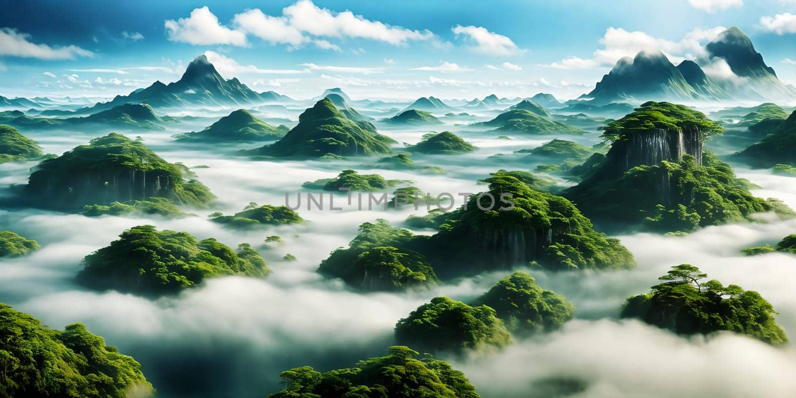 Floating Isles. Above a sea of clouds, islands drift like dreamscapes. Each is a miniature world, lush forests, waterfalls, and floating gardens. The sky holds its breath, and rainbows weave through the mist.