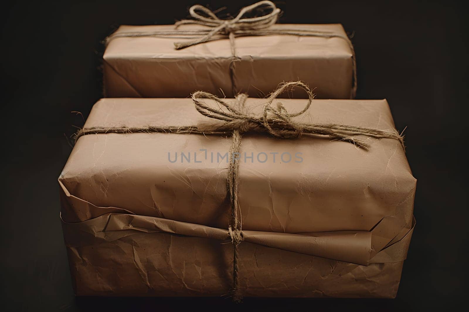 Two rectangular hardwood boxes wrapped in brown leather and tied with string, perfect for a fashion accessory event. The gift wrapping adds a touch of elegance to this still life photography scene