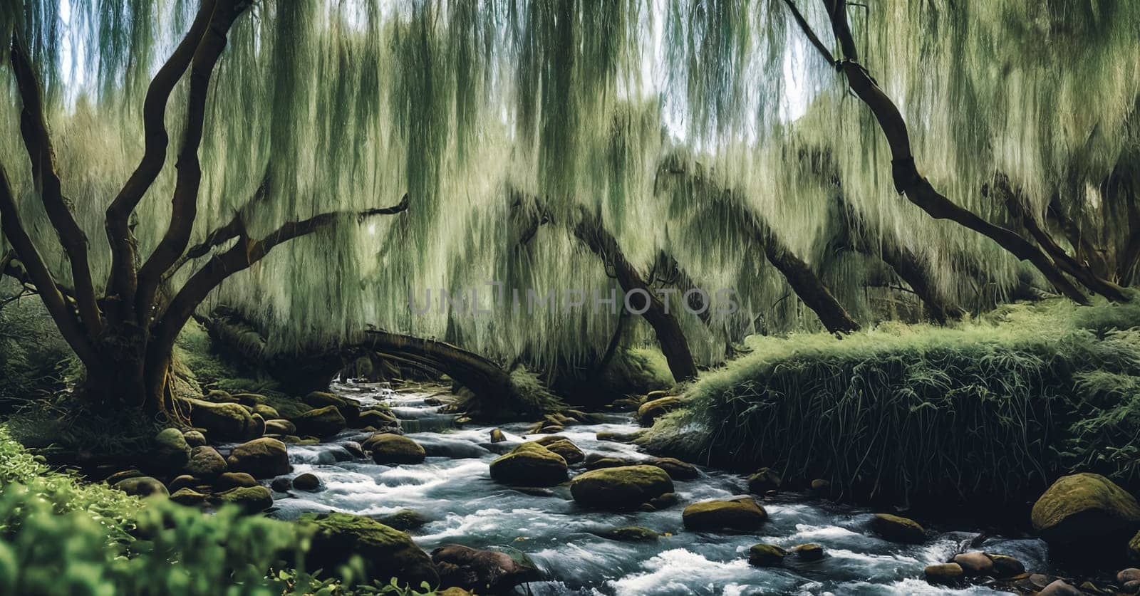 Whispering Willow Grove. Beneath ancient willow trees, their long branches trailing in a silver river, tiny doors appear. Fairies, sprites, and woodland creatures gather here, sharing secrets and laughter.