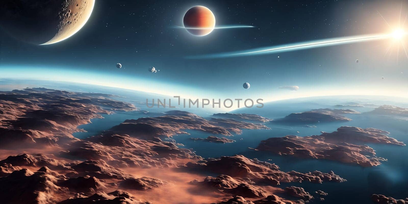 Exoplanet Exploration. Sleek spacecraft cruising through a vibrant solar system dotted with exotic planets and moons.