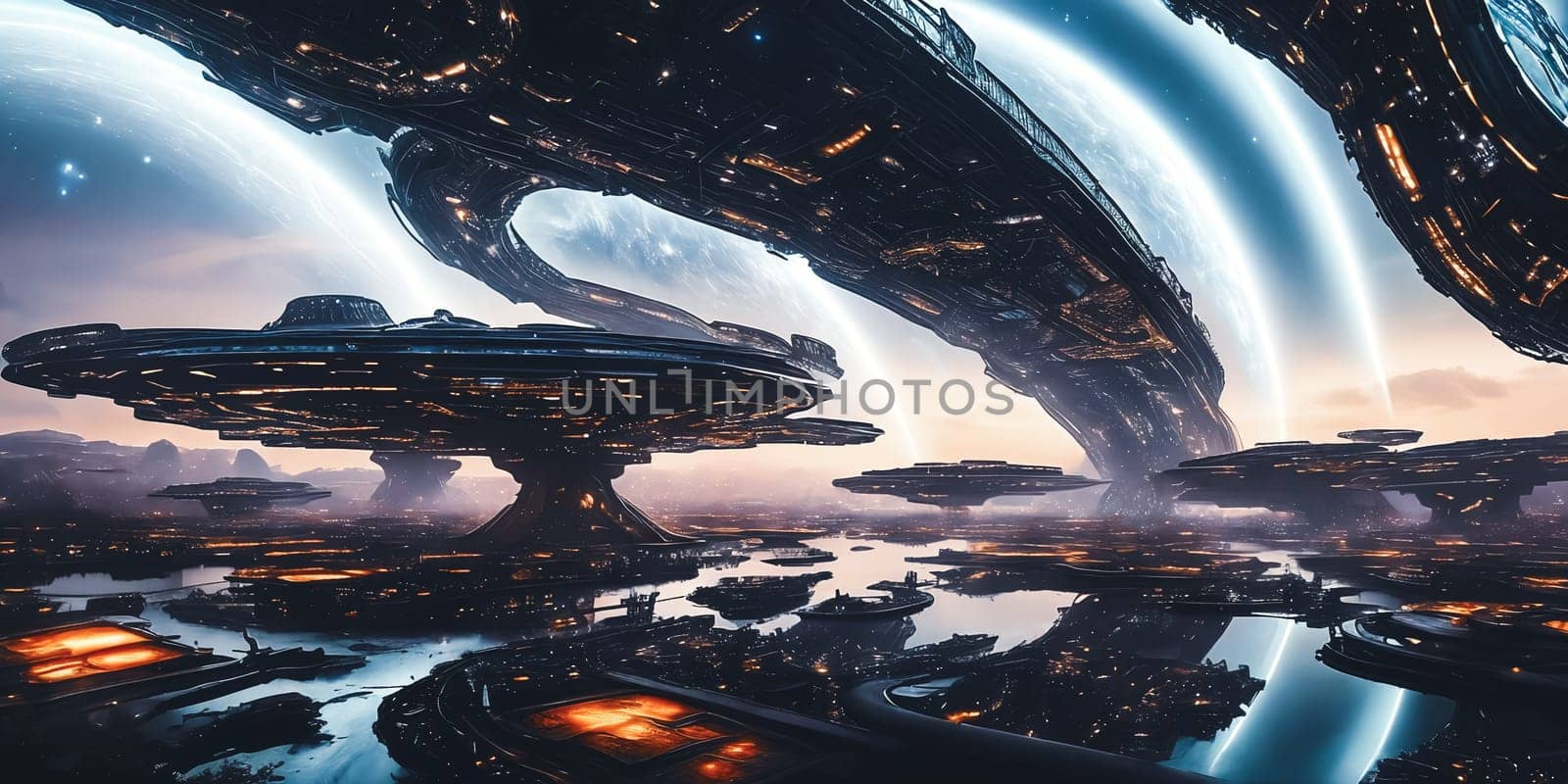 Interstellar Gateway. Fantastical space station floating amidst a cluster of swirling wormholes and energetic space anomalies, serving as a hub for intergalactic travel and cosmic trade.