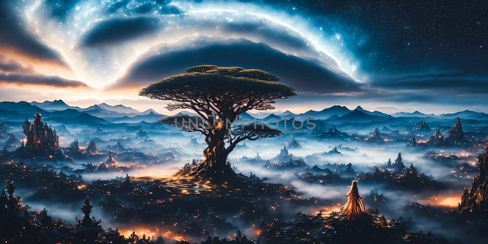 Celestial Kingdom. Otherworldly realm populated by majestic celestial beings and mythical creatures, set against a backdrop of shimmering constellations and swirling cosmic clouds.