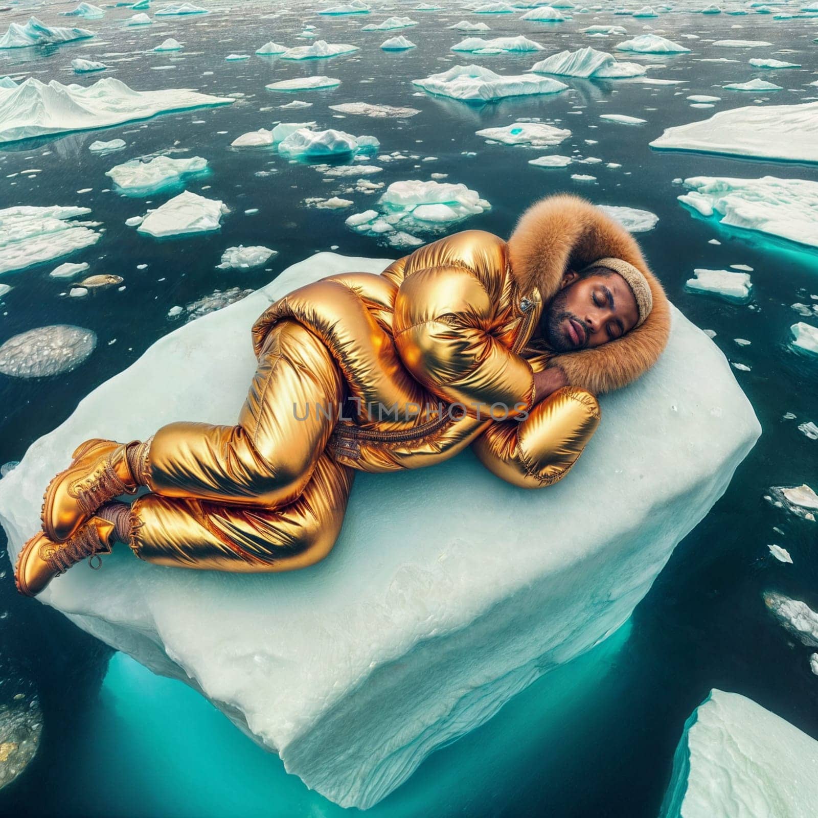 Black man in yellow golden puffer lie on block of ice alone in middle of the ocean climate change poster by verbano