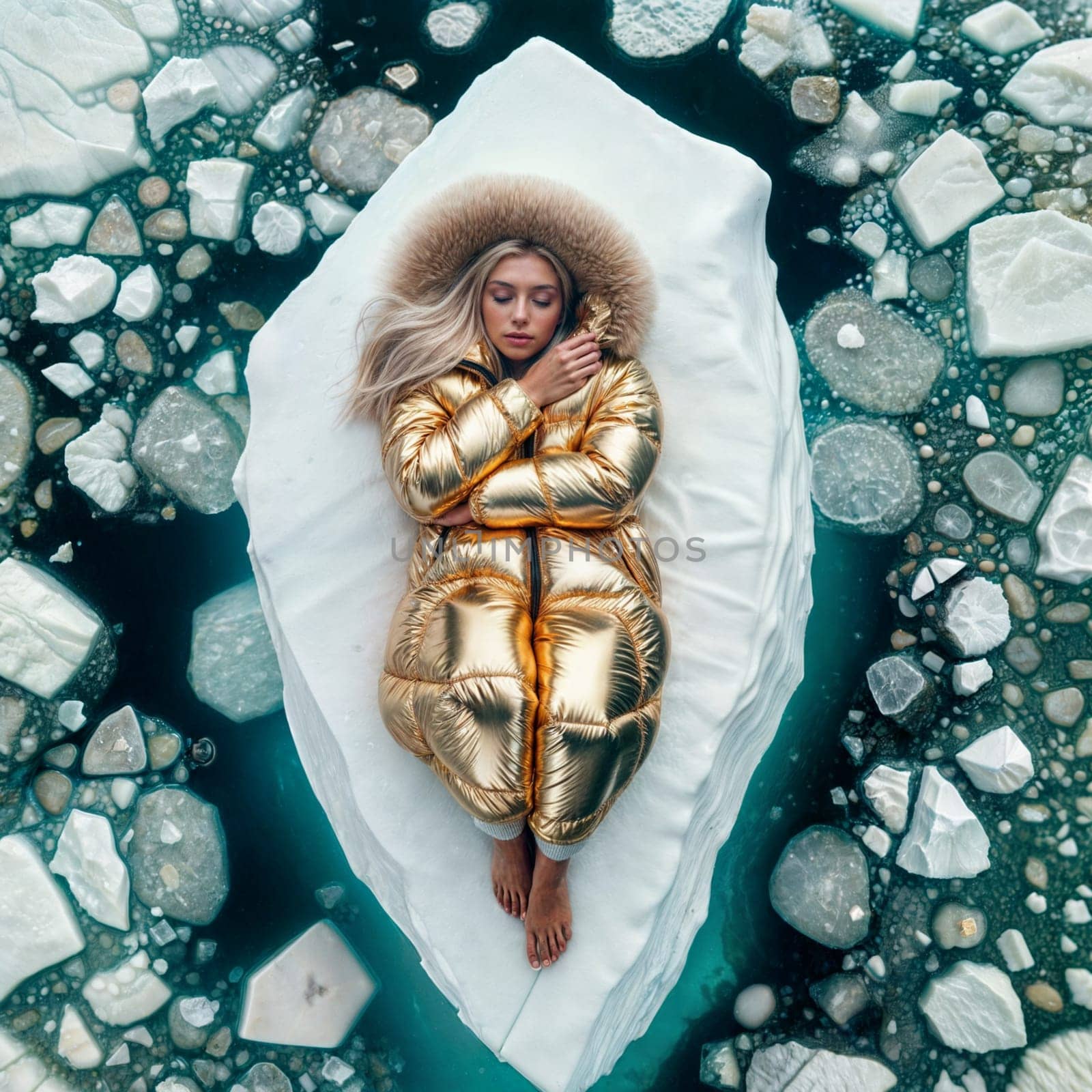 Woman in yellow golden puffer lie on block of ice alone in middle of the ocean climate change poster by verbano