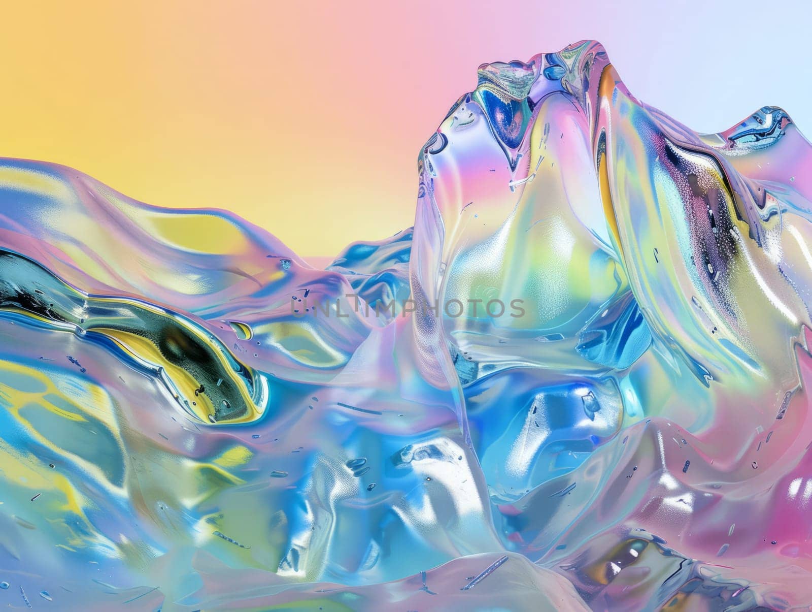 Bold holographic liquid metal shape. 3D Holographic Neon Fluid Waves. Iridescent chrome melted bubble drop. Ai generated