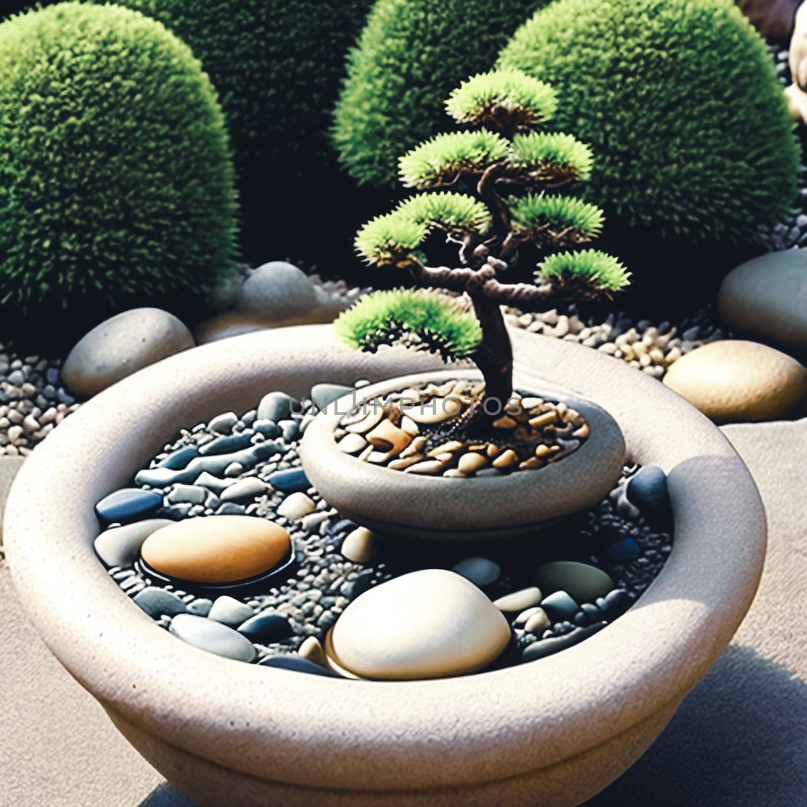 Mindfulness Moment. Capture the essence of mindfulness and meditation by photographing a zen garden with carefully arranged pebbles, a miniature bonsai tree, and a tranquil water fountain to evoke a sense of peace and balance.