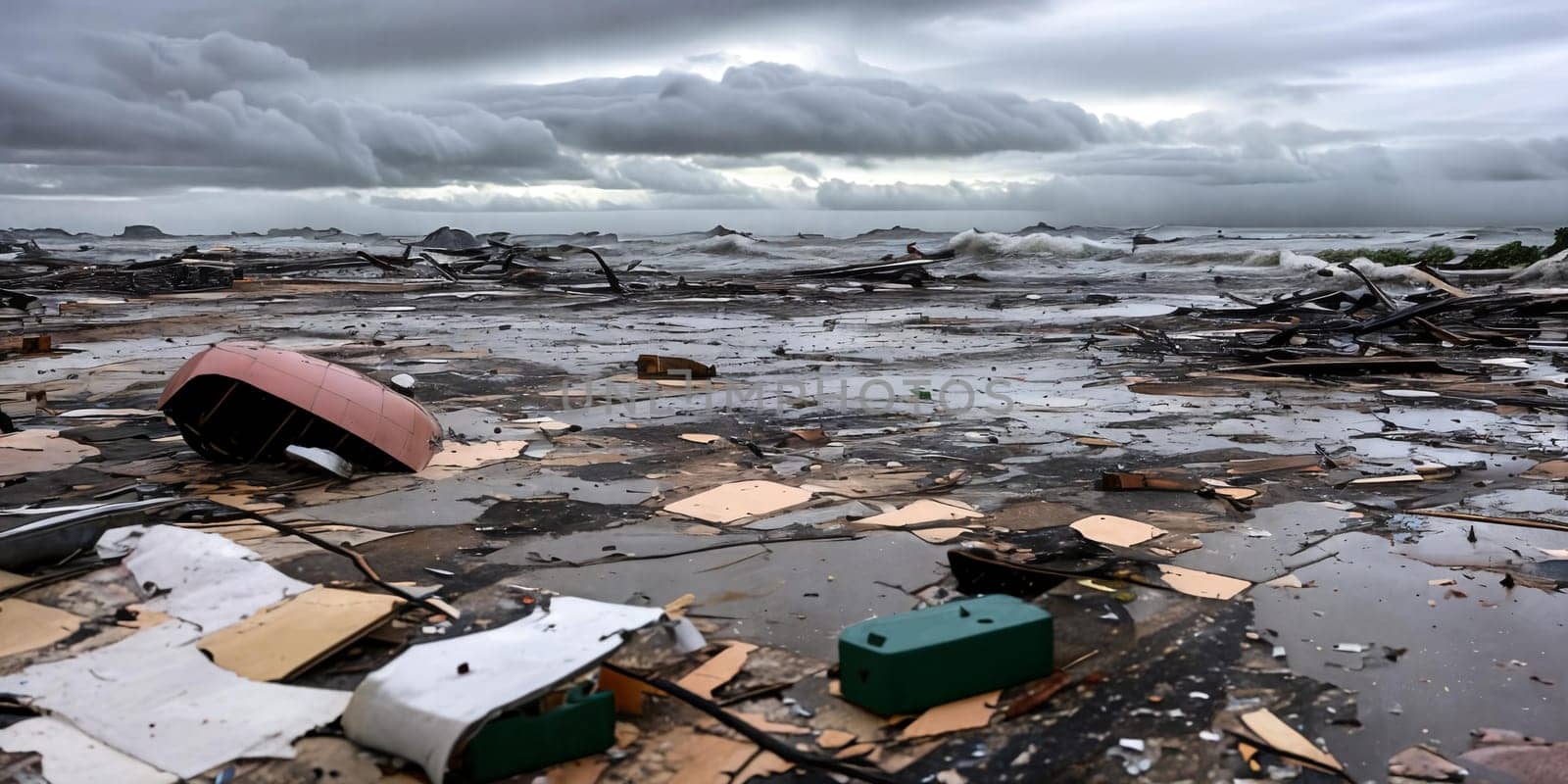 The aftermath of a powerful tsunami with debris scattered across a coastal area, emphasizing the sheer scale of destruction caused by the relentless waves. Panorama