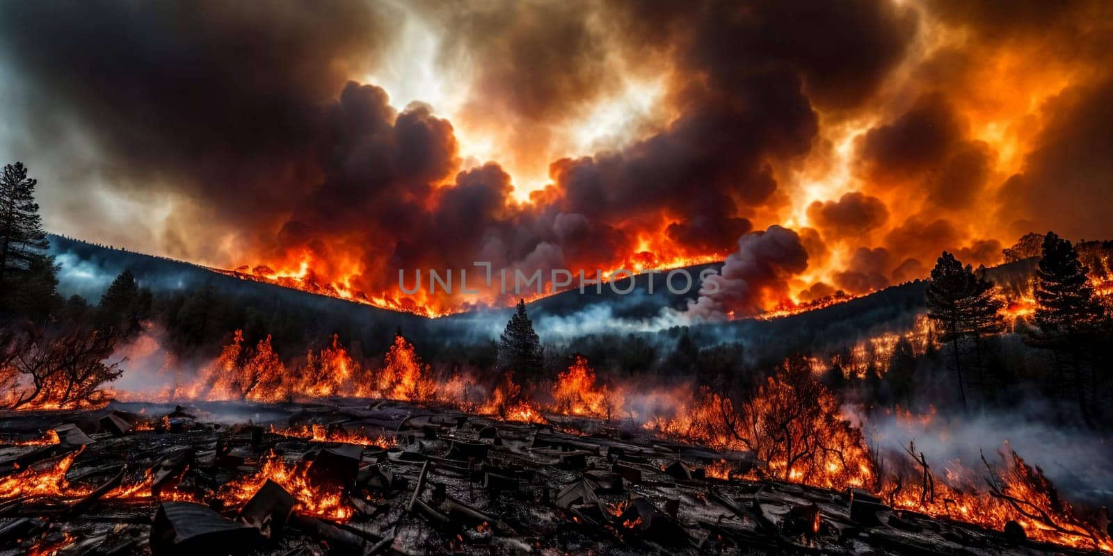 The intensity of a raging wildfire as it engulfs a forest in flames, capturing the spectacle of fiery embers and billowing smoke against a darkened sky. Panorama