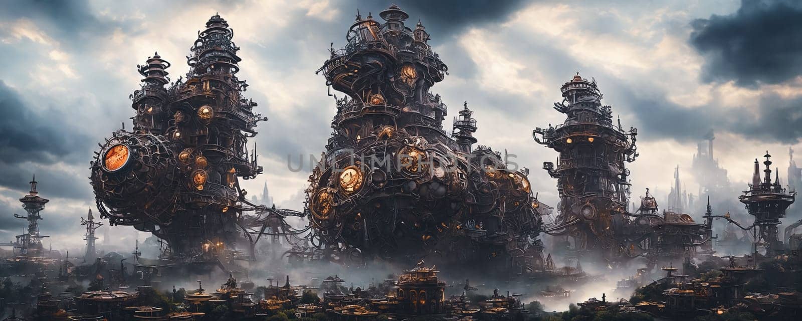 Clockwork Steampunk Planet. A planet that blends fantasy and machinery, featuring colossal, intricately detailed clockwork structures, towering gears, and fantastical steam-powered landscapes under a sky filled with metallic clouds and mechanical wonders