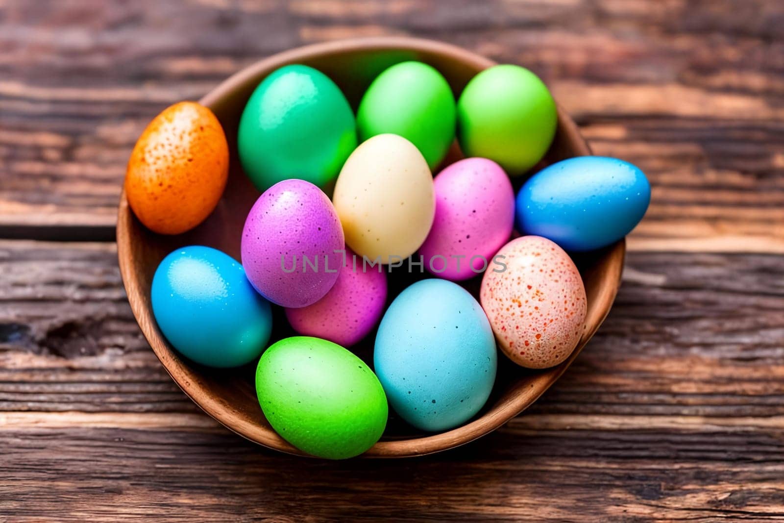 Vibrant Easter Eggs. A close-up image of colorful and intricately decorated Easter eggs arranged in a beautiful pattern on a rustic wooden background, emphasizing the unique designs and textures.