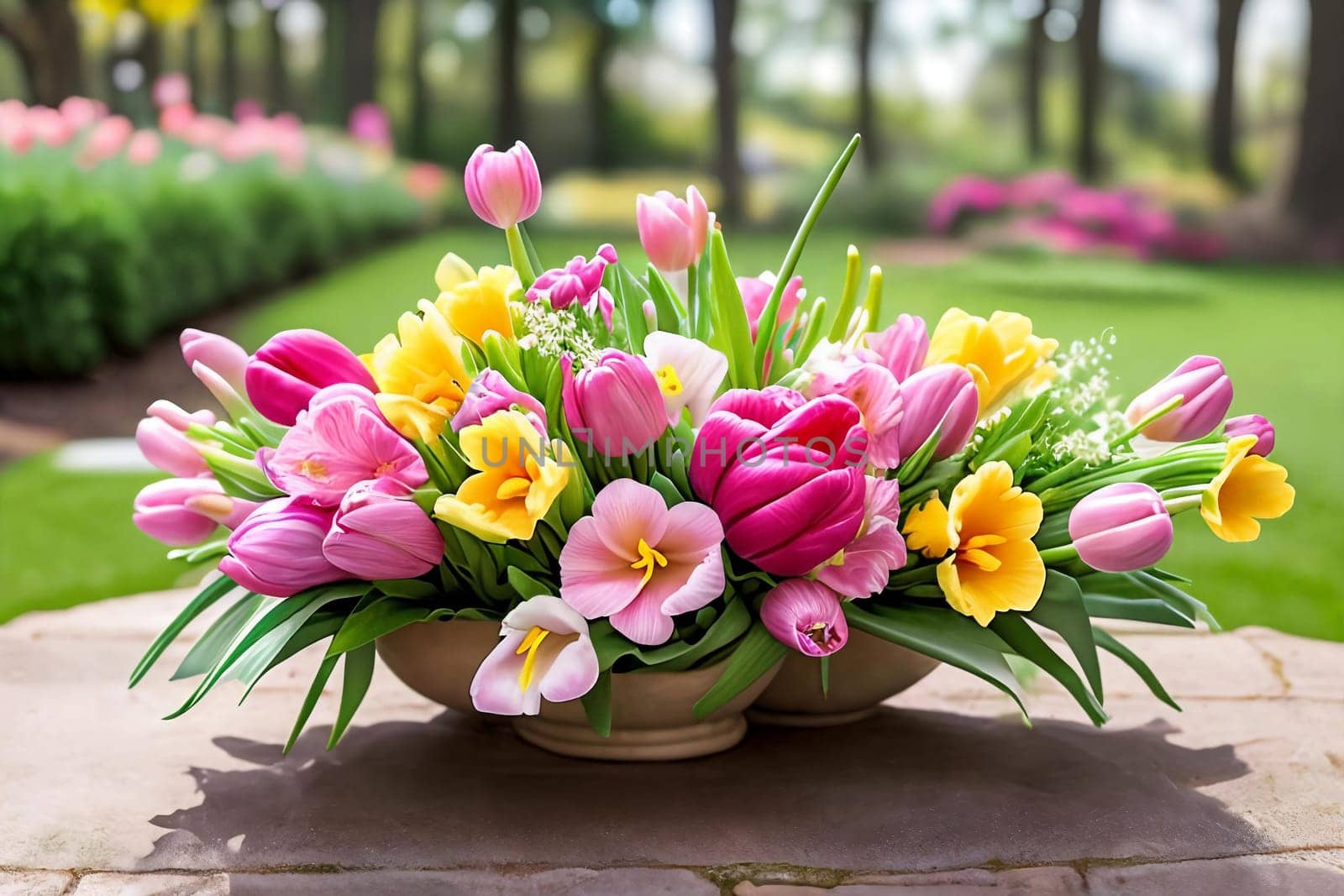 Easter Floral Delight. A composition featuring a variety of fresh spring flowers tulips arranged in a decorative Easter-themed setting, highlighting the vibrant colors and delicate petals.