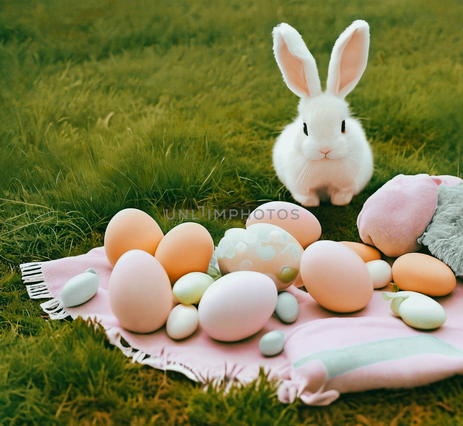 Adorable Bunny Decor. A charming arrangement of plush Easter bunny toys, pastel-colored ribbons, and decorative eggs by GoodOlga