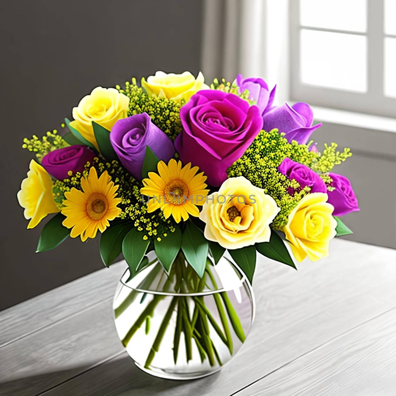 Floral Elegance. A vibrant bouquet of spring flowers arranged in a stylish vase with soft natural lighting to symbolize elegance and femininity