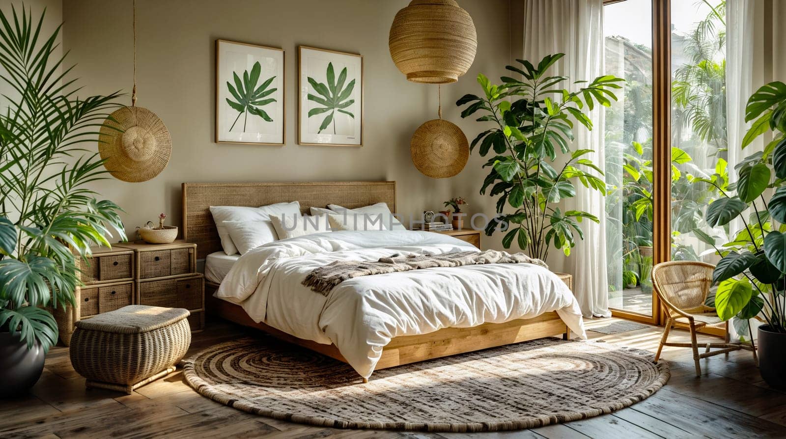 inviting bohemian-style bedroom features abundant natural light, a variety of plants, and a selection of woven and wooden decor, creating a serene and earthy ambiance - Generative AI