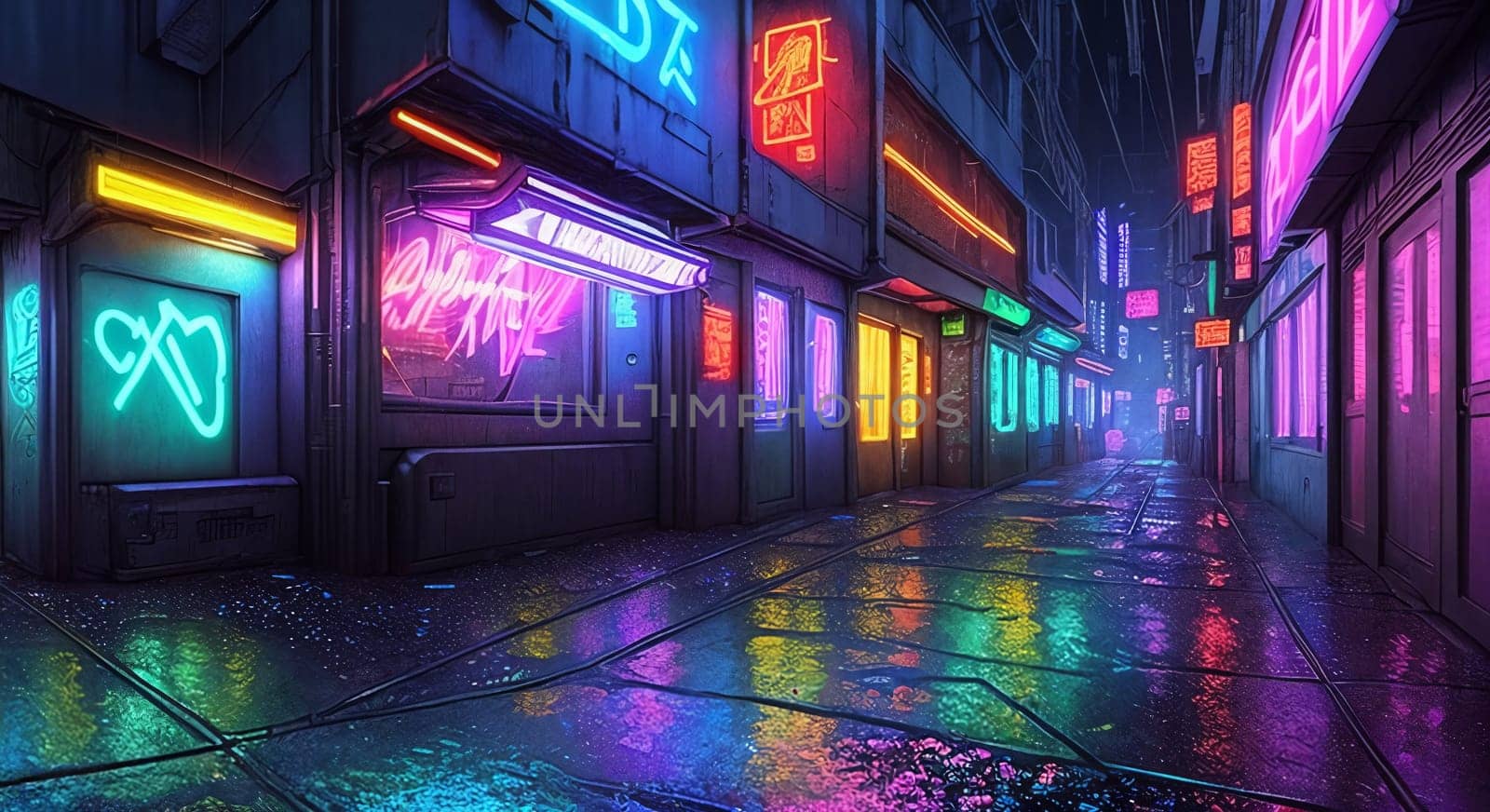 In a cyberpunk alley, neon signs cast a gritty glow on holographic graffiti, rain-soaked pavement glistens under ominous skies.