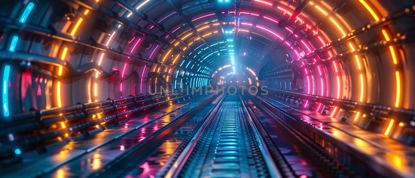 High-speed rail through a neon-lit tunnel by Benzoix