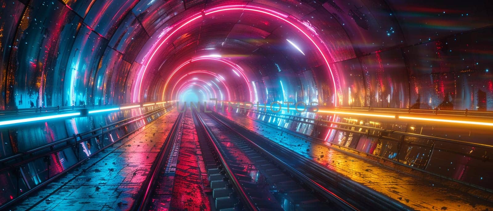 High-speed rail through a neon-lit tunnel by Benzoix