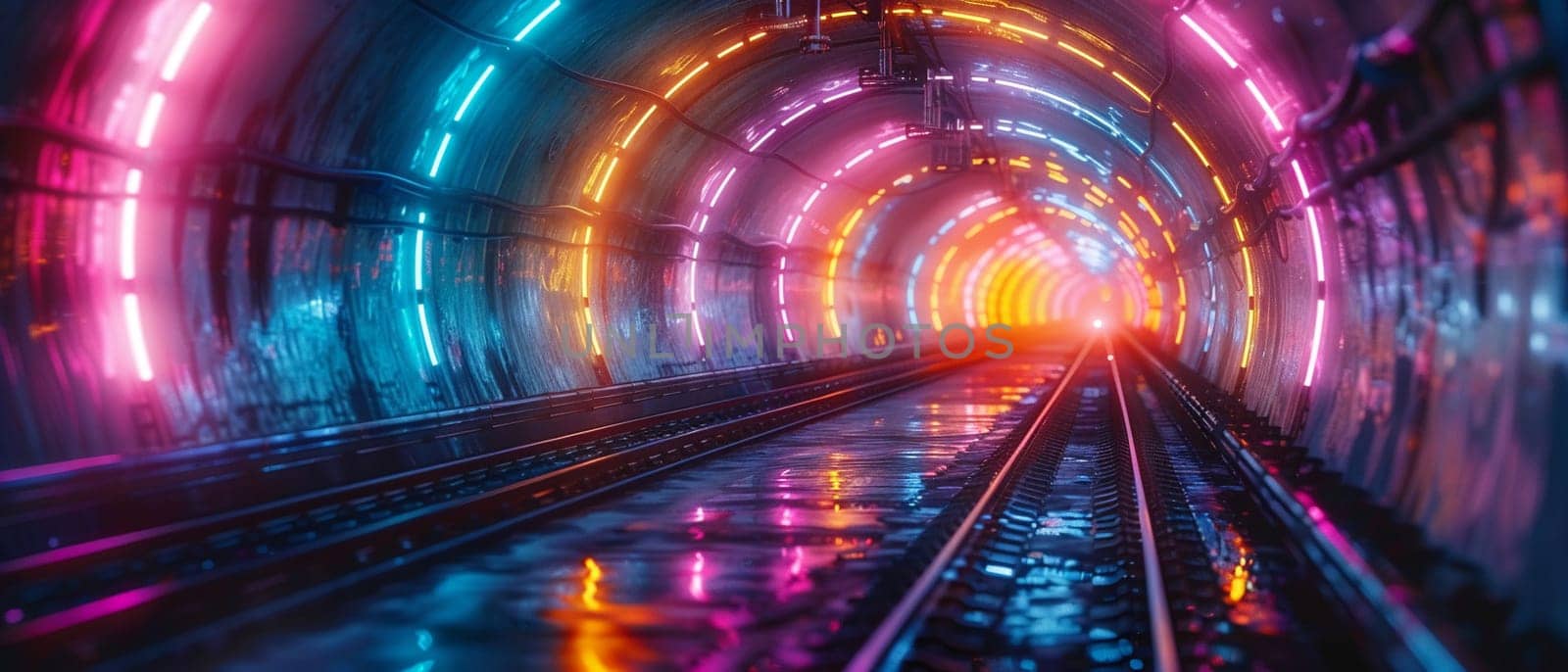 High-speed rail through a neon-lit tunnel, blurring past and future