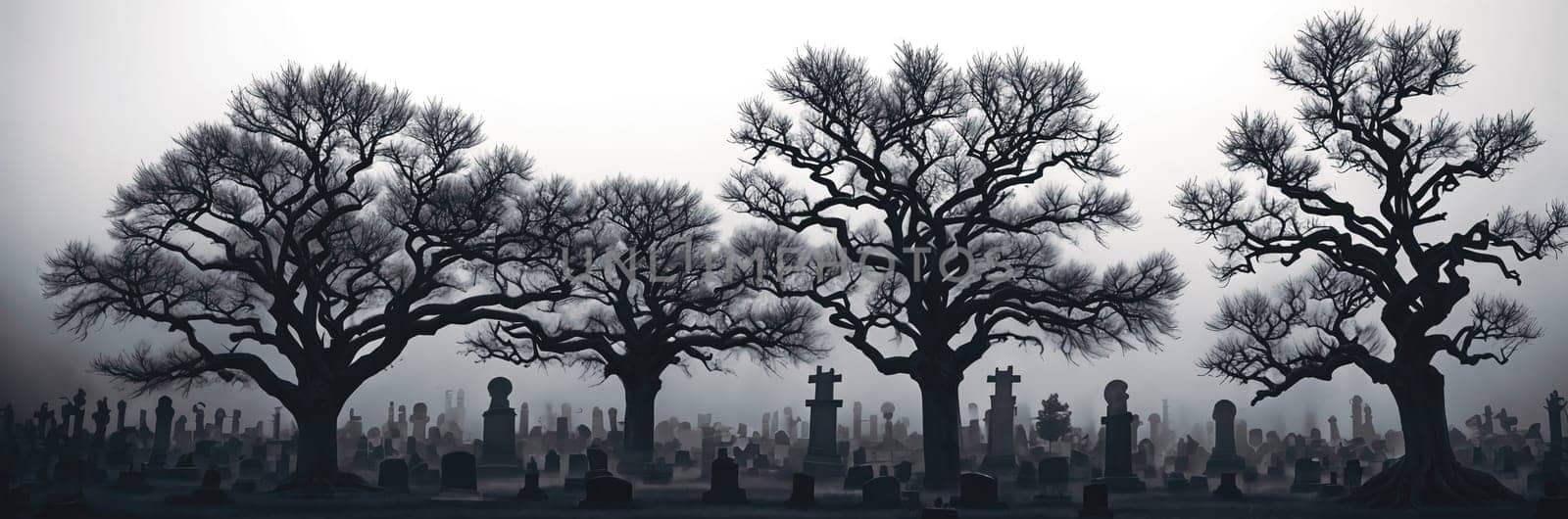 A hauntingly beautiful graveyard shrouded in mist, with weathered tombstones standing sentinel amidst gnarled trees and twisted branches reaching towards the moon.