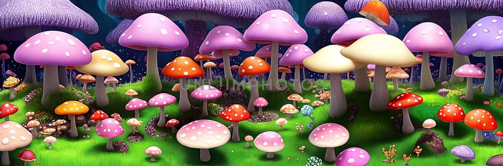 Immerse in a whimsical vibrant mushroom forest Oversized fungi of varied hues paint a surreal, otherworldly scene