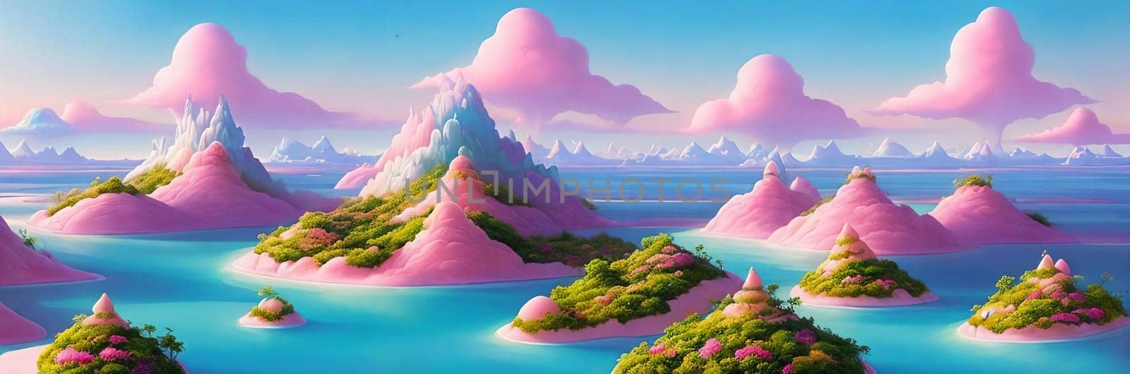 Surreal and dreamlike landscape of floating islands suspended in a pastel-colored sky, connected by delicate bridges and adorned with exotic flora.