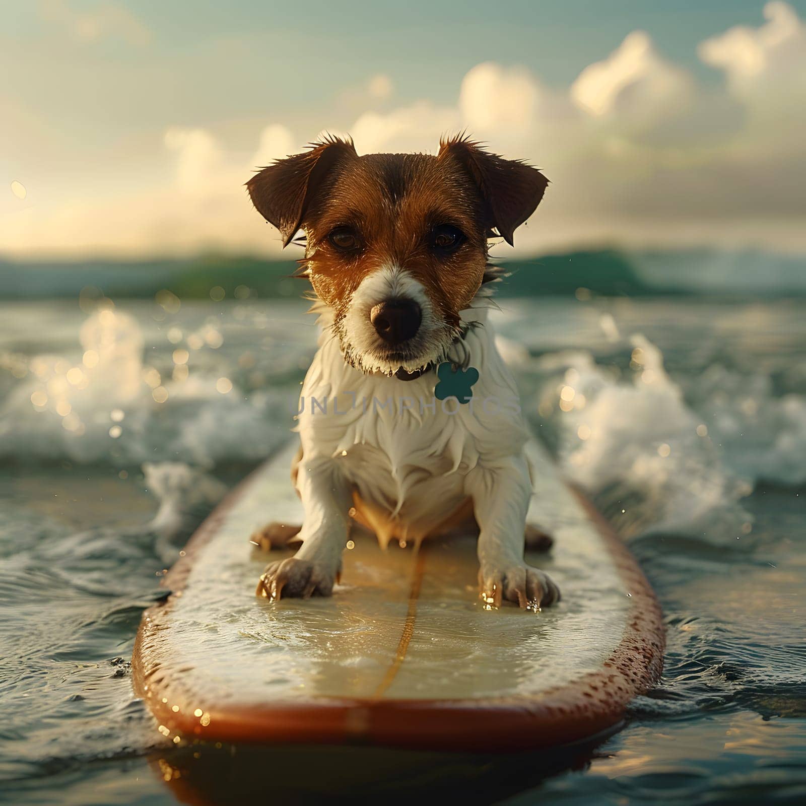 a dog is sitting on a surfboard in the ocean by Nadtochiy