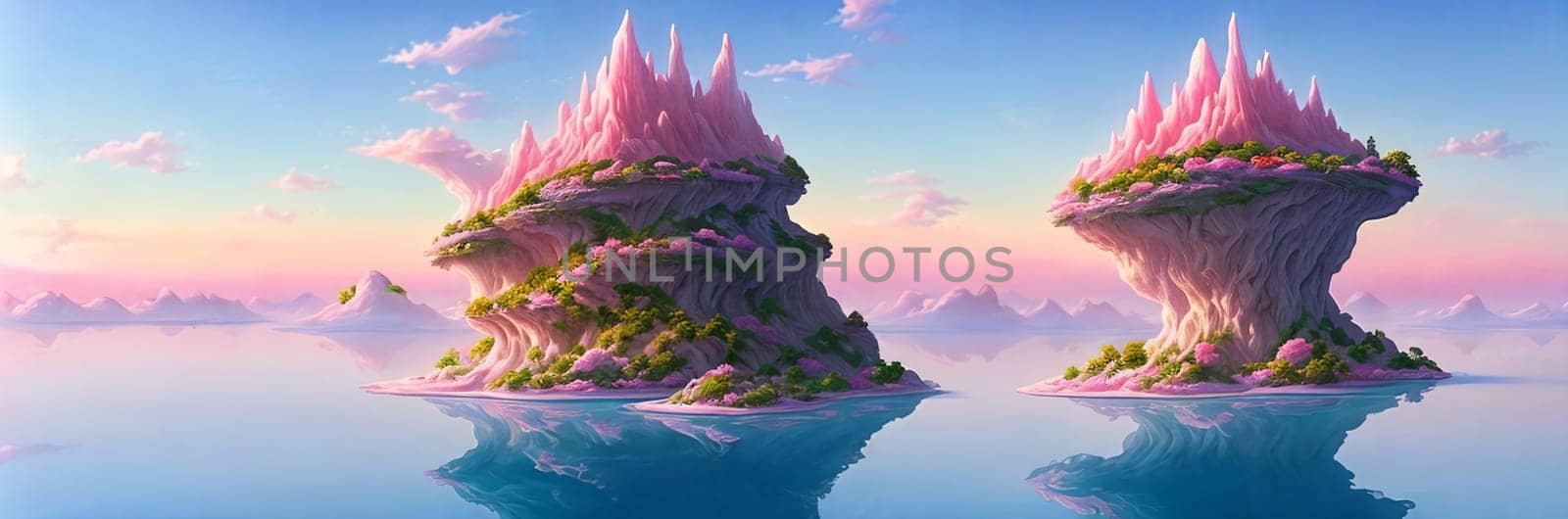 Surreal and dreamlike landscape of floating islands suspended in a pastel-colored sky, connected by delicate bridges and adorned with exotic flora.