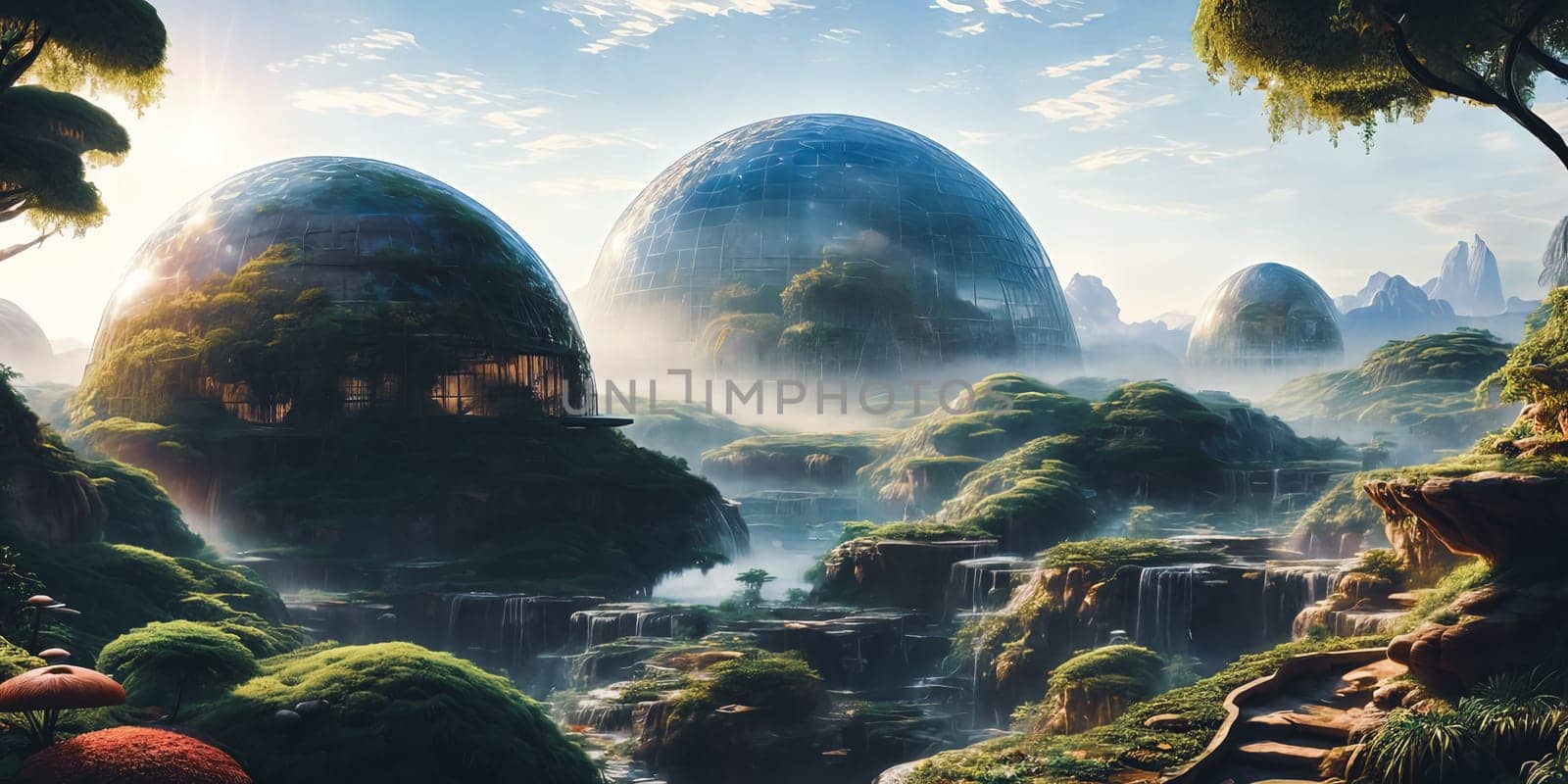 Vibrant biodome city on alien planet. diverse ecosystems, artificial, bioengineered. by GoodOlga