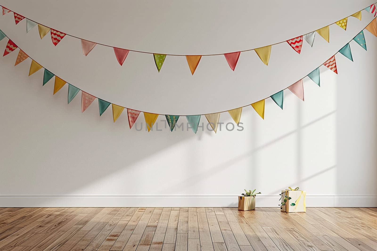 Festive garland of multi-colored fabric triangles on a white wall with space for text.