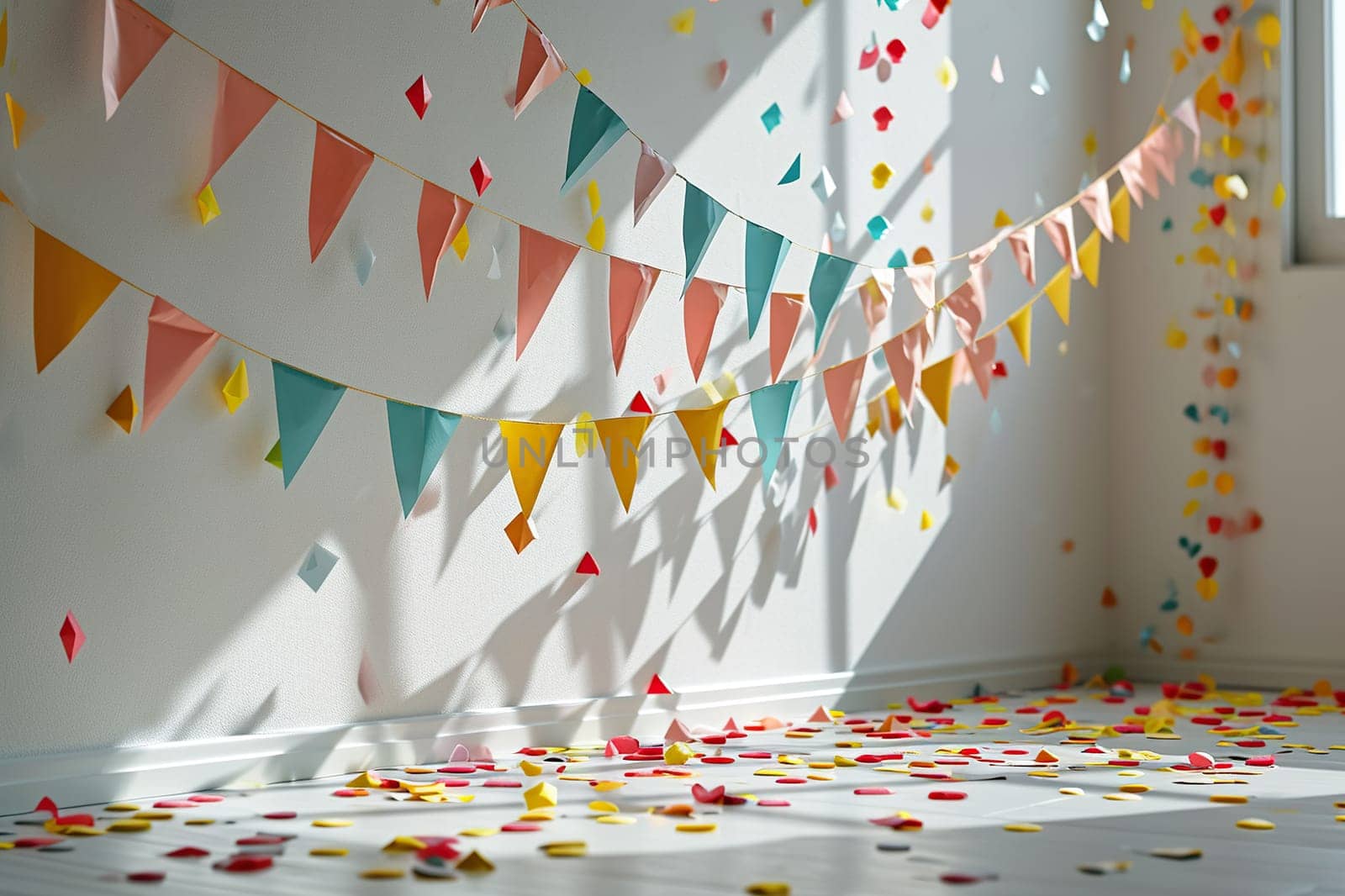 The white wall is decorated with festive garlands with flags. Concept of holiday, fun.