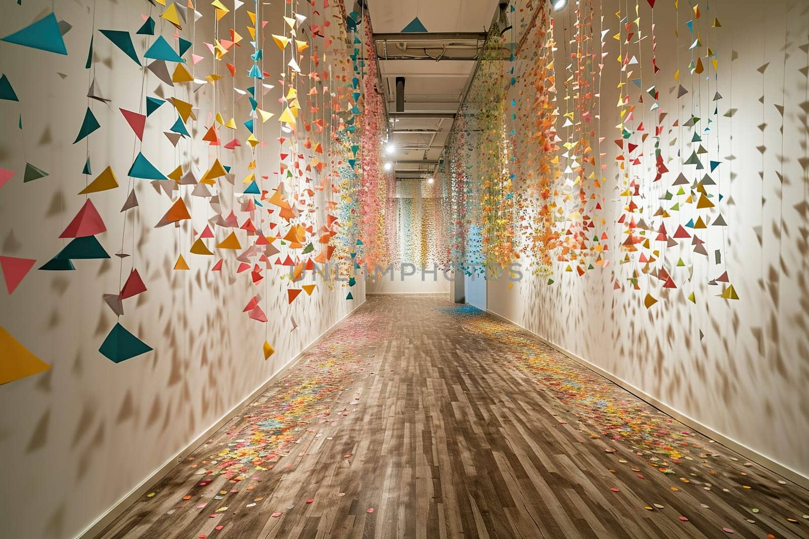 A long, bright corridor with festive garlands hanging from the ceiling. The concept of organizing a holiday.