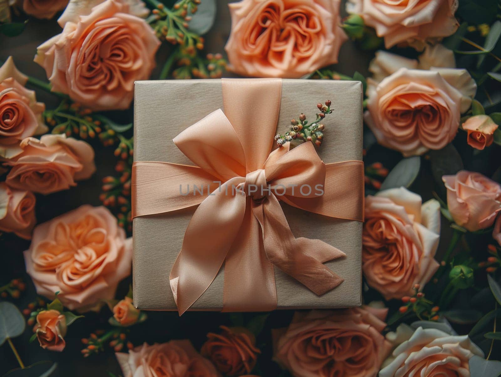 Pink Ribbon Gift Surrounded by Roses by but_photo