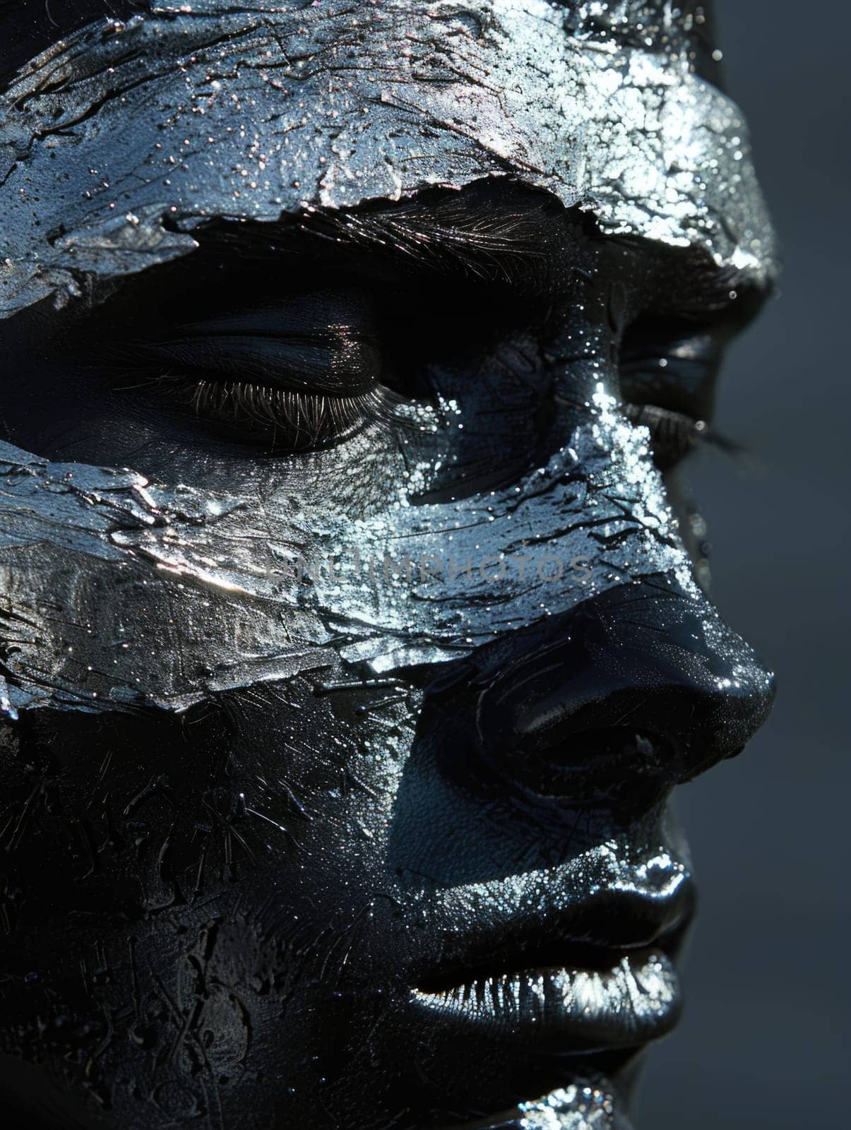 A close-up shot of a person with silver paint covering their face, creating a striking and artistic visual.