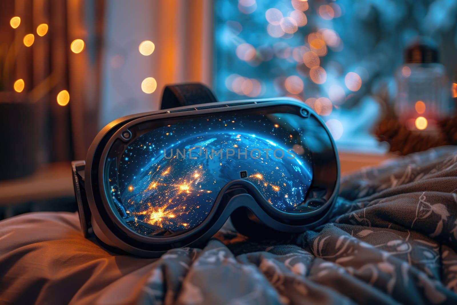 Virtual reality goggles placed on top of a bed.
