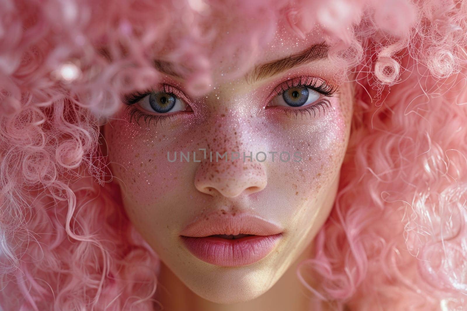 A detailed view of a woman with vibrant pink hair.