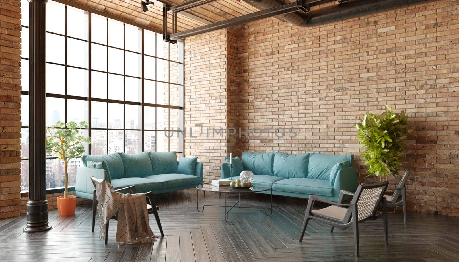 A modern loft living room with a couch, a coffee table. The room has a minimalist and clean design, with a focus on functionality and comfort. 3d render