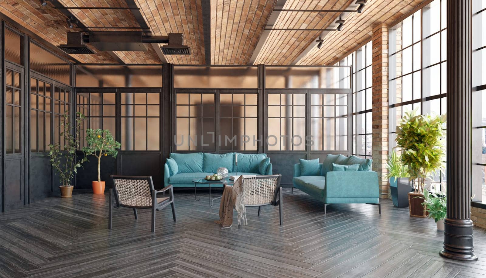 A modern loft living room with a couch, a coffee table. The room has a minimalist and clean design, with a focus on functionality and comfort. 3d render