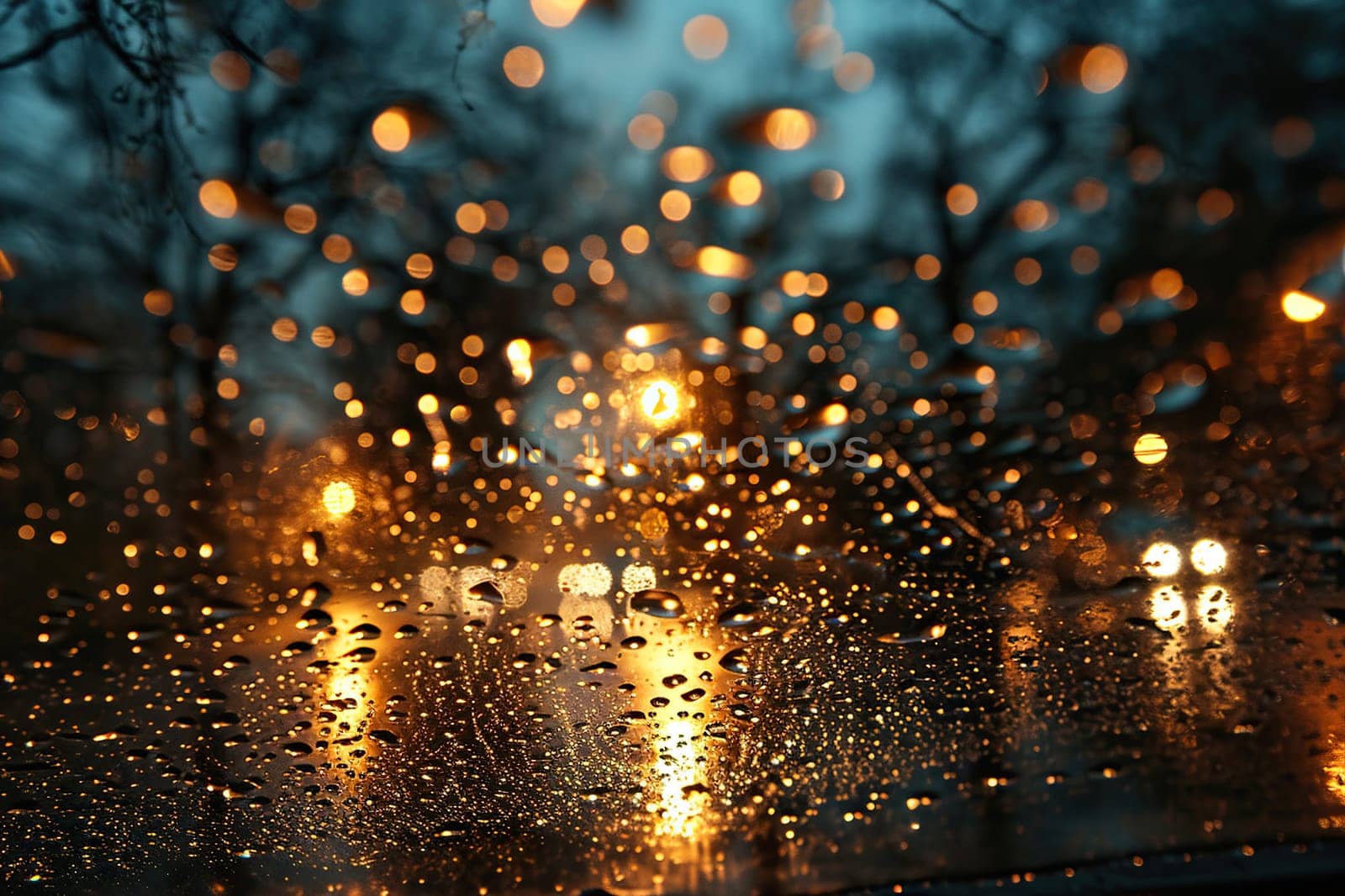 Raindrops close-up on a car window in the evening.