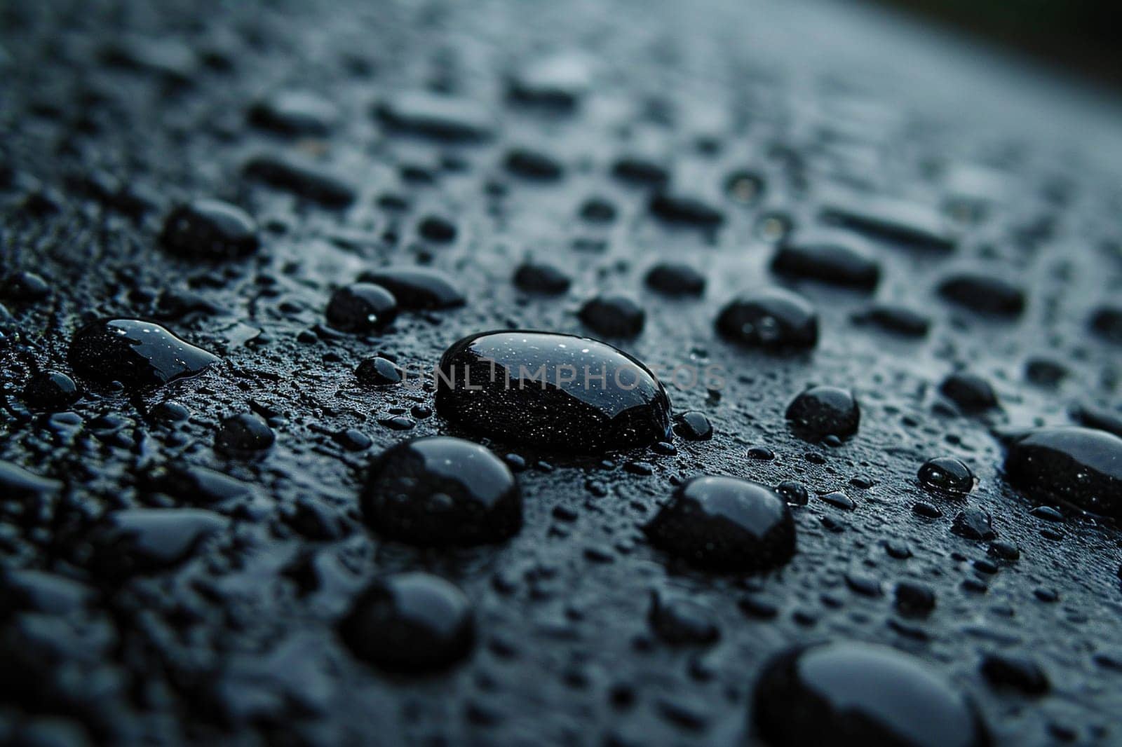 Close-up of water drops on a black surface with blur. Horizontal abstract background.