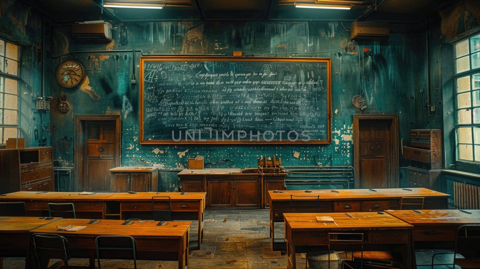 Classroom With Chalkboard and Wooden Desks by but_photo